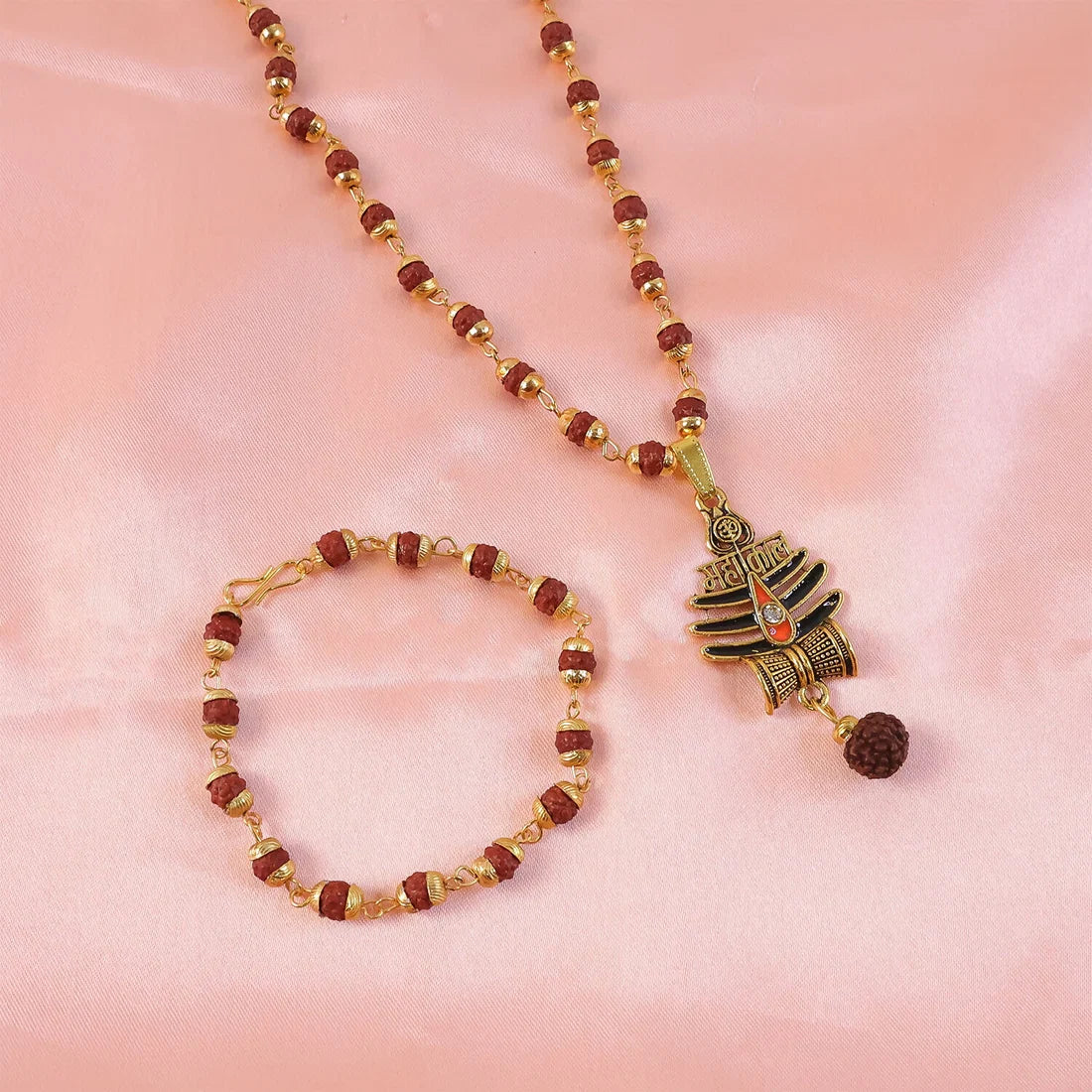 Modi's Gold Plated Mahakal Trishul Pendant with Rudraksha Mala Combo– Spiritual Protection