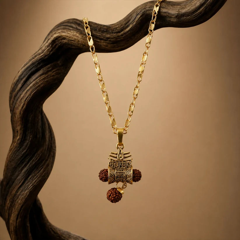 Kejriwal's Gold Finish Mahakal Rudraksha Damru Pendant Chain | Spiritual Protector
