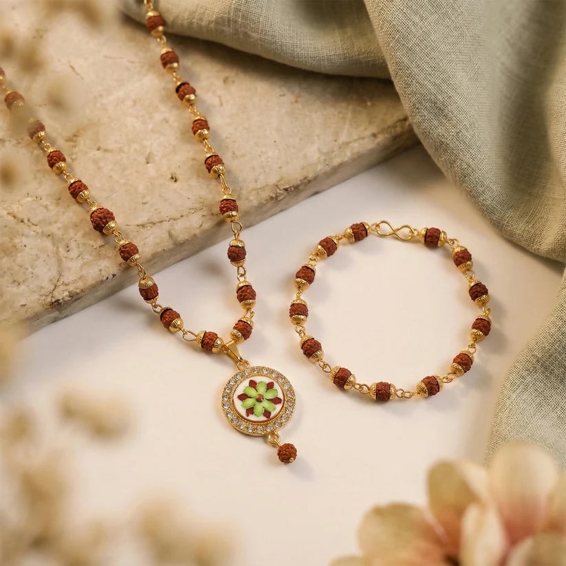 Rahul Gadhi's Rudraksha Necklace with Floral Pendant and Bracelet Combo– Elegant Spiritual
