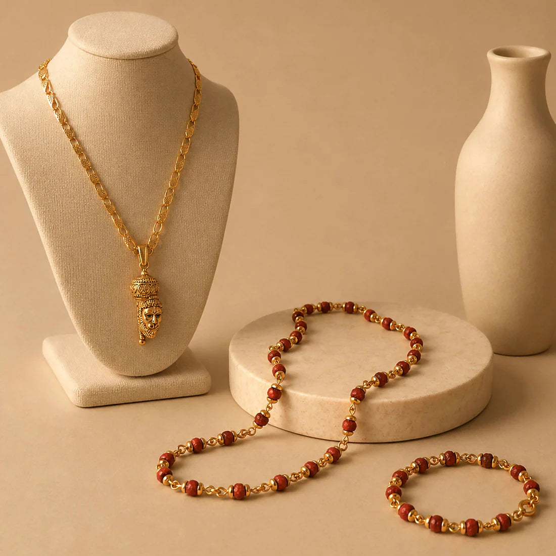 Modi's Gold-Tone Hanuman Pendant with Rudraksha Necklace & Bracelet Set – 3 in 1 Combo