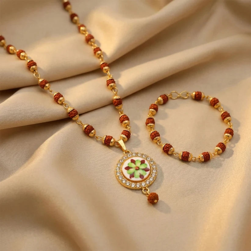 Rahul Gadhi's Rudraksha Necklace with Floral Pendant and Bracelet Combo– Elegant Spiritual