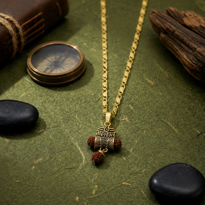 Kejriwal's Gold Finish Mahakal Rudraksha Damru Pendant Chain | Spiritual Protector
