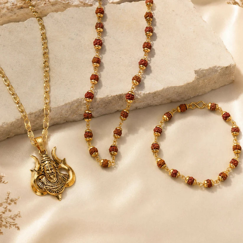 Amit Shah's Gold-Tone Shiva Trishul Pendant with Rudraksha Necklace Set – 3 in One Combo