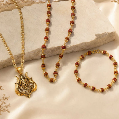 Amit Shah's Gold-Tone Shiva Trishul Pendant with Rudraksha Necklace Set – 3 in One Combo