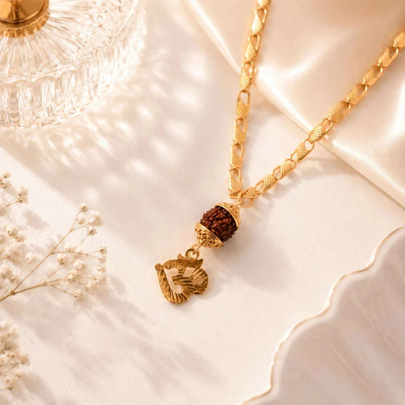 Amit Shah's Gold Finish Rudraksha Om Pendant Chain – Elegant & Spiritual Accessory